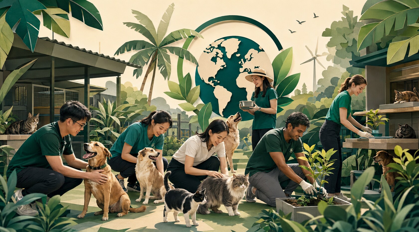 Corporate volunteers caring for rescued dogs and cats at a sustainable animal sanctuary